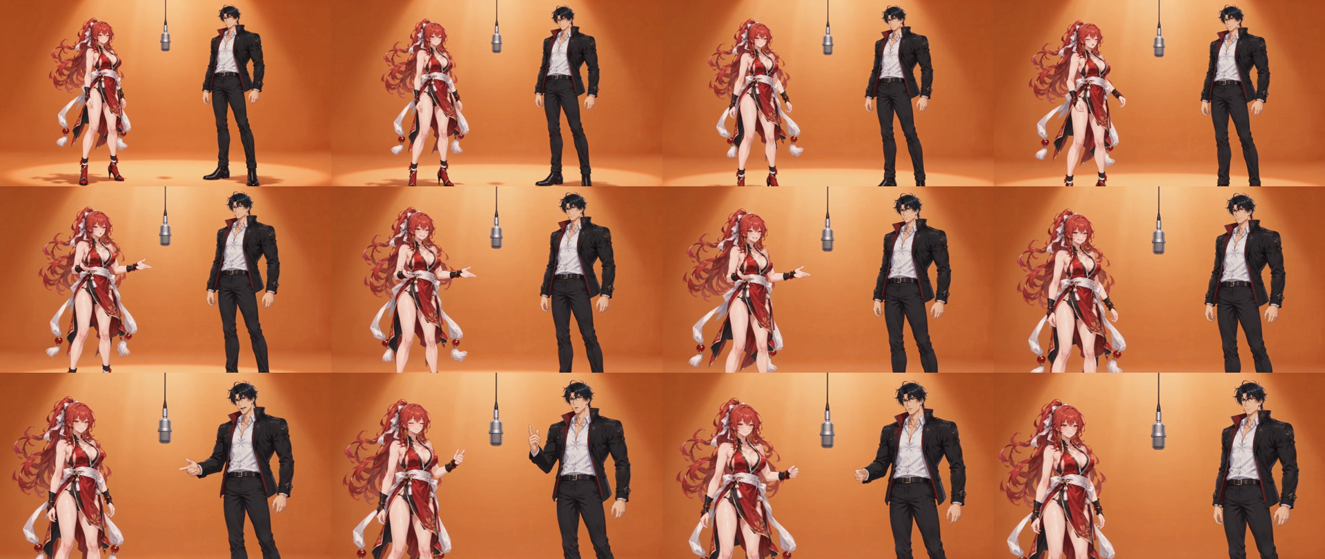 Twelve sampled frames from the anime duet, showing the camera moving closer and progressively cropping the performers' legs